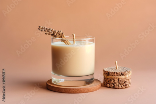 Product image, Handmade candle from paraffin and soy wax in glass with wooden wick and dry herbal isolated on pastel beige background. Flat lay, top view, copy space photo