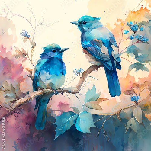 Bluebirds on a branch with leaves and flowers around - Generative AI © Stock23