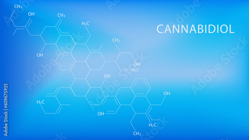 Chemical formulas of cannabidiol (CBD) cannabis molecule. Has antipsychotic effects. Science background design concept.