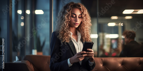 A businesswoman stands deep in thought, holding a smartphone in her hands. - generative ai.
