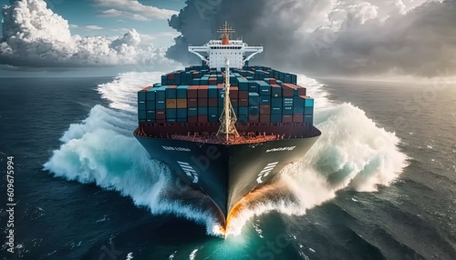 Fotografia, Obraz A loaded container cargo ship is seen ahead above the ocean - Generative Ai