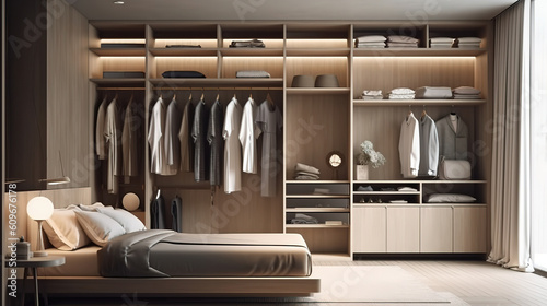 Luxury, modern walk in closet with storage, shelf, drawer. Generative Ai © Mukhlesur