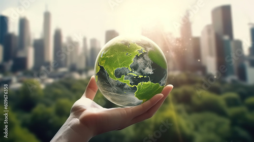 International Day of Forests concept: hands holding tree and earth globe over green. Generative Ai