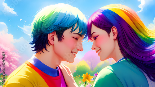 lgbtq couples share a romantic atmosphere proud iridescent illustration by generative ai