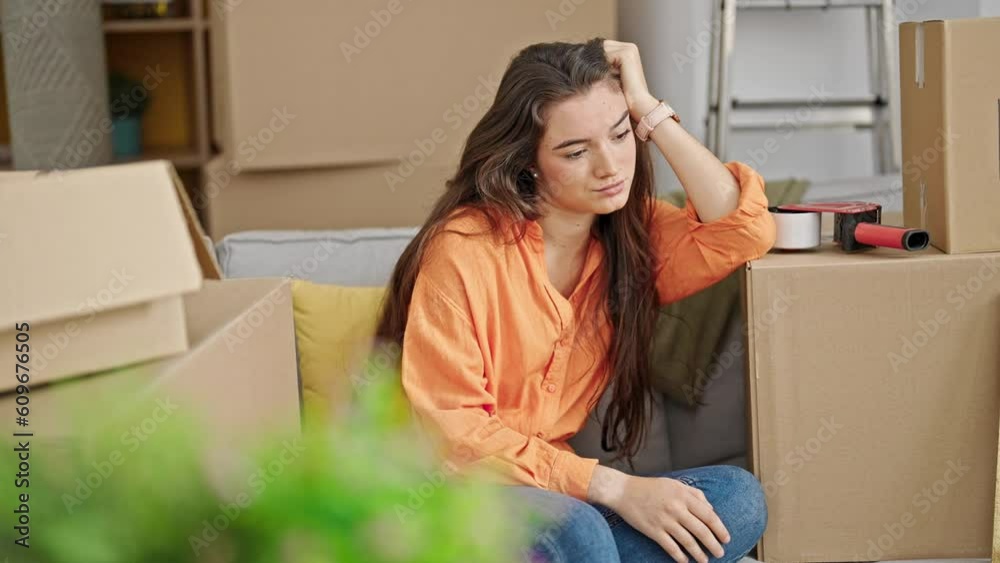 Young beautiful hispanic woman sitting on sofa with serious expression at new home Young beautiful hispanic woman sitting on sofa with serious expression at new home