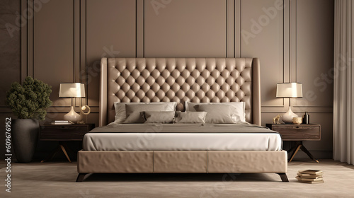 Real Modern Bedroom in dark tones with Double Bed. Generative Ai