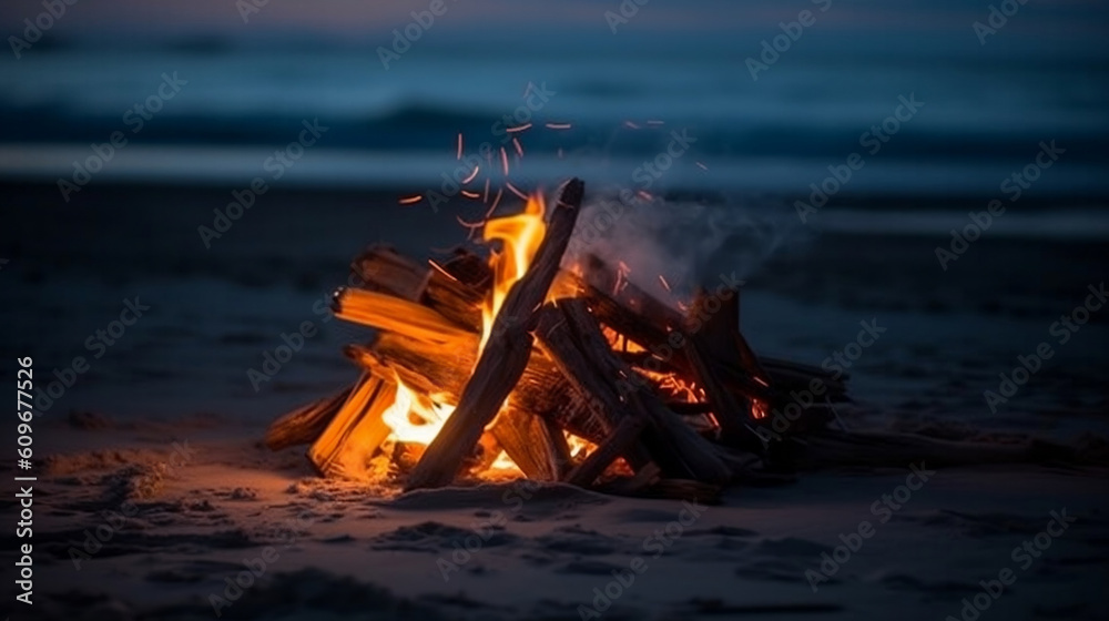 Campfire, beach sunset, Beach Campfire image generated by Creative AI