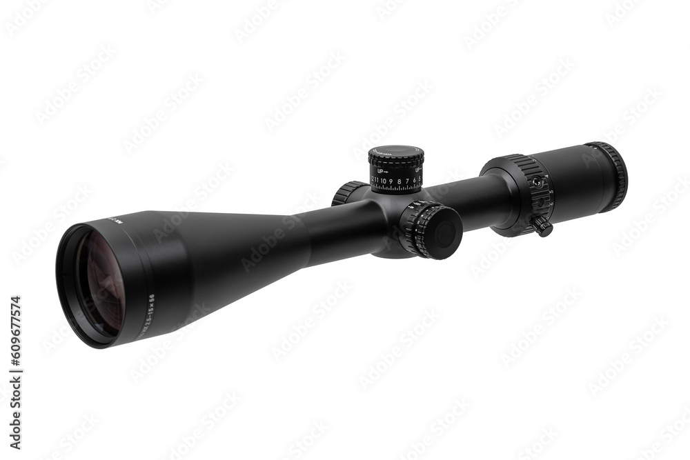 Modern sniper scope on a white back. Optical device for aiming and shooting at long distances. Modern sniper scope on a white back. Optical device for aiming and shooting at long distances.