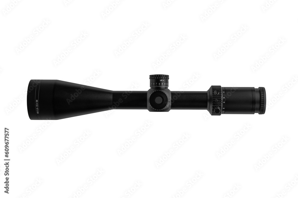 Modern sniper scope on a white back. Optical device for aiming and shooting at long distances. Modern sniper scope on a white back. Optical device for aiming and shooting at long distances.