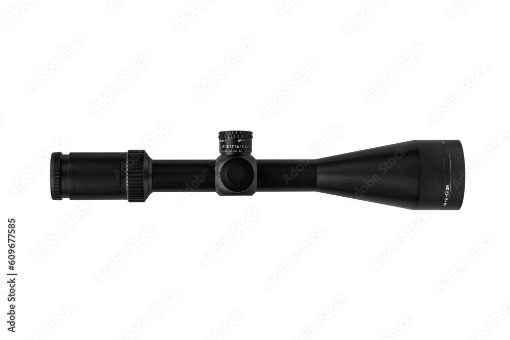 Modern sniper scope on a white back. Optical device for aiming and shooting at long distances. Modern sniper scope on a white back. Optical device for aiming and shooting at long distances.