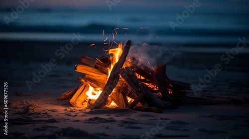 Campfire, beach sunset, Beach Campfire image generated by Creative AI