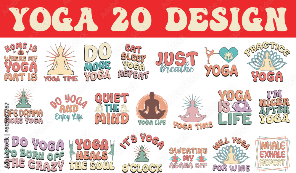 yoga bundle retro yoga, yoga life bundle, yoga retro, self love yoga bundle EPS,  PNG Files for Cutting, bag, cups, card, EPS 10