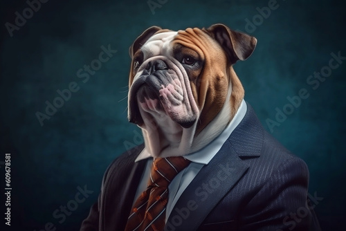 Portrait of a Bulldog dressed in a formal business suit, Boss Bulldog, created with generative AI