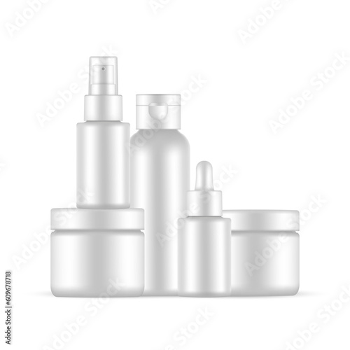 Blank Cosmetic Packaging Mockup: Jars, Dropper, Spray, Flip Cap Bottle. Vector illustration