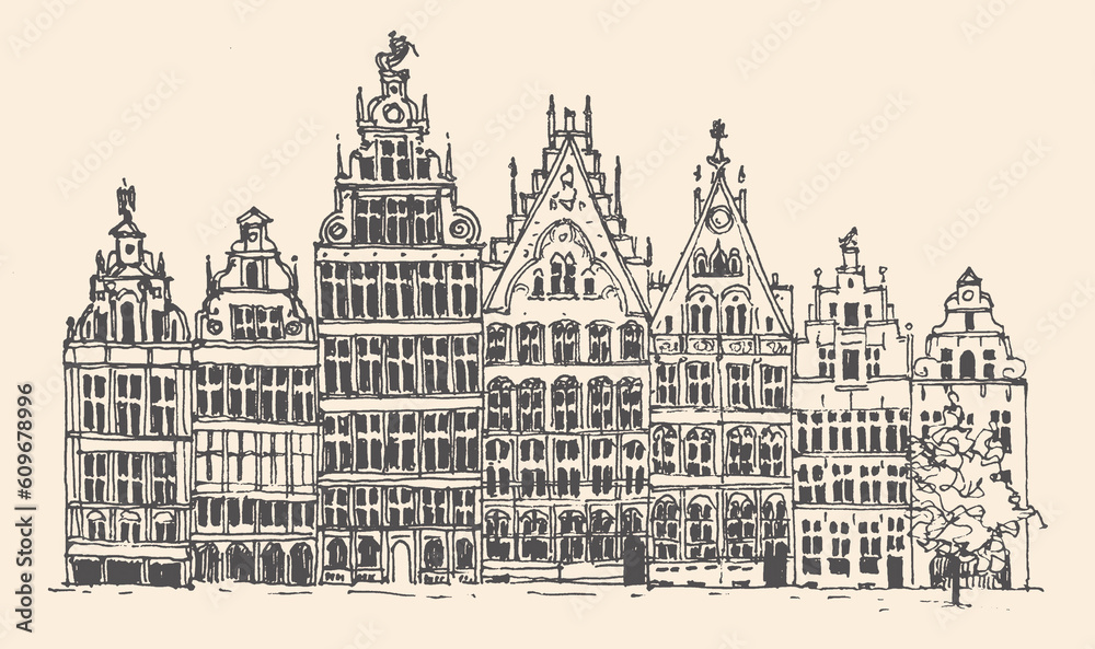 Travel sketch of Antwerpen, Belgium. Urban sketch of ancient houses in black color isolated on beige background. Historical building line art. Freehand drawing. Hand drawn travel postcard of Antwerpen
