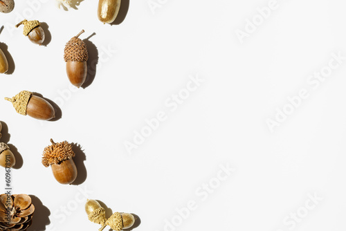 Autumn composition with golden painted acorns oak tree on white light background. Autumnal Still life image with natural materials. Autumn, fall concept. Minimal flat lay, copy space