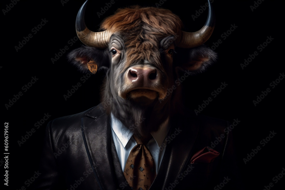Portrait of a Buffalo dressed in a formal business suit, Boss Buffalo, created with generative AI Portrait of a Buffalo dressed in a formal business suit, Boss Buffalo, created with generative AI
