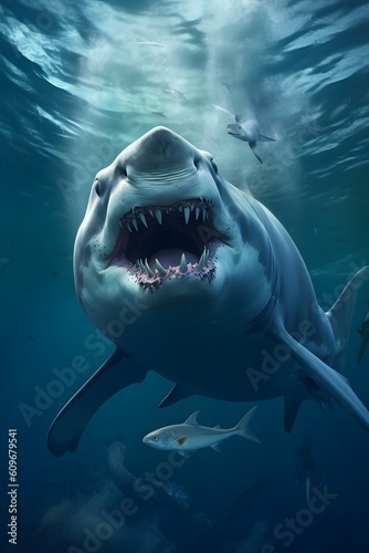 shark open-mouthed in the sea close-up 