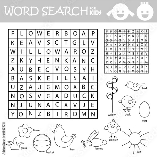 Word search crossword puzzle. Easter. Find the listed words in the puzzle and cross them out. Vector educational game for children. Activity worksheet printable page