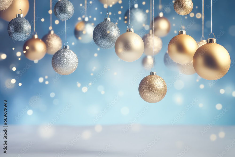Colorful Christmas balls on blue bokeh background. Generative AI. Colorful Christmas balls on blue bokeh background. Generative AI.
