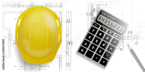 Yellow helmet, calculator, level and project drawings