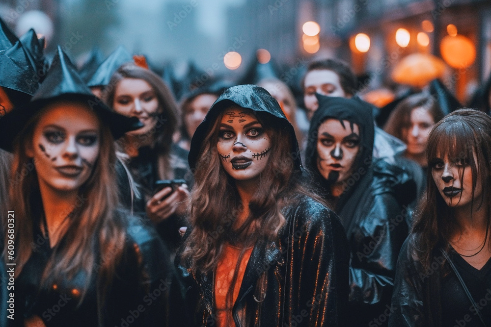 Group of people dressed up for Halloween created with Generative AI technology Group of people dressed up for Halloween created with Generative AI technology