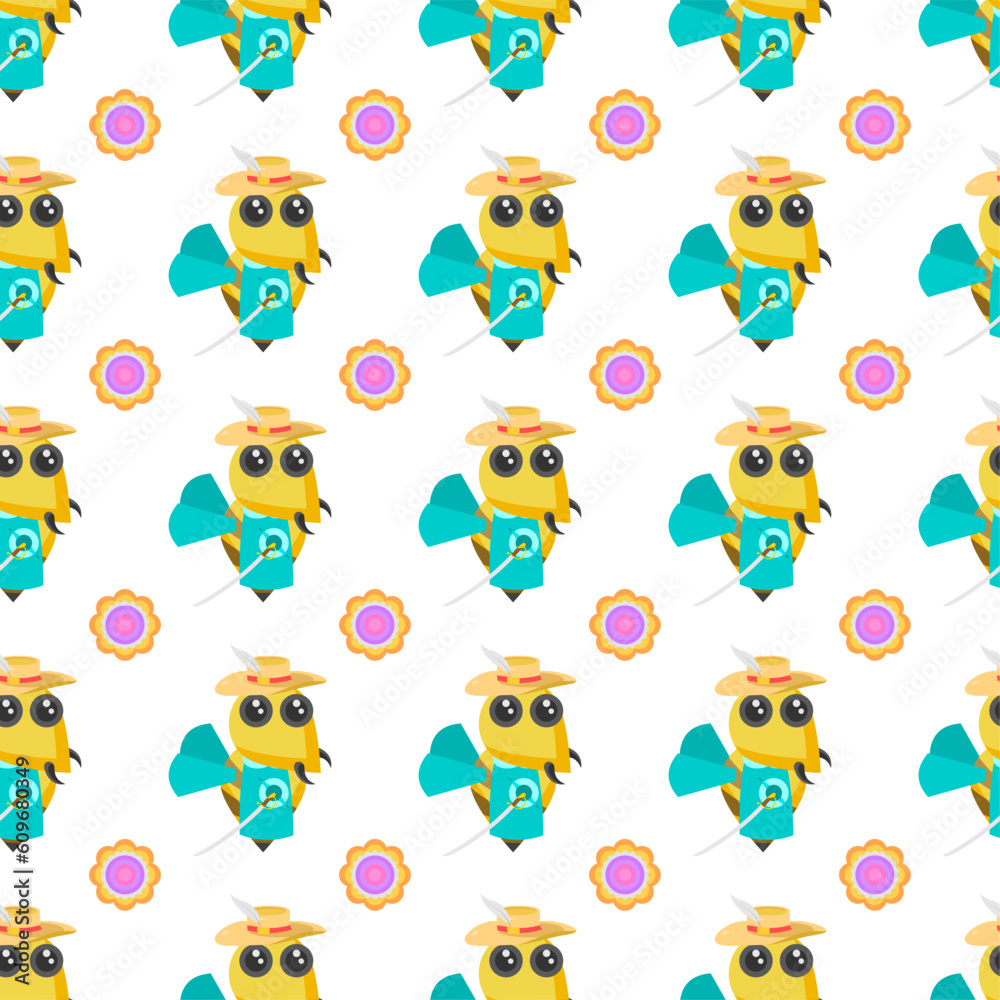 Fototapeta premium Seamless Pattern Abstract Elements Different Bee Insect Beetle With Flower Vector Design Style Background Illustration Texture For Prints Textiles, Clothing, Gift Wrap, Wallpaper, Pastel
