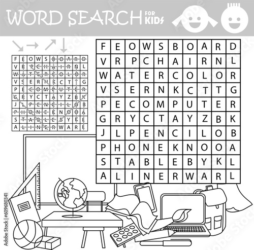 Word search crossword puzzle. School equipment. Find and cross the words show in the picture. Coloring picture. Vector educational activity page for children. Worksheet learning English language