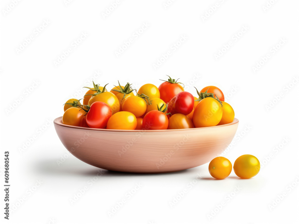 Dish of red and yellow tomatoes isolated on a white background Dish of red and yellow tomatoes isolated on a white background