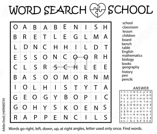 Zigzag Word Search Puzzle. School. Words go right, left, down, up, at right angles, letter used only once. Find words. Logic game for learning English. Worksheet for kids or adults photo