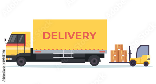 Truck unload forklift distribution delivery van service concept. Vector graphic design illustration
