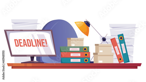 Office workplace with pile paper document paperwork concept. Vector graphic design illustration