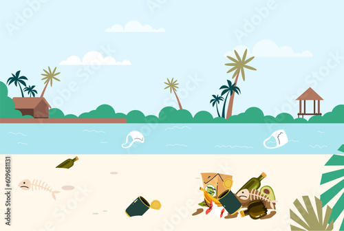 Sea ocean garbage marine trash polluted concept. Vector graphic design illustration
