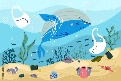 Fototapeta Naklejka Na Ścianę i Meble -  Sea ocean garbage marine trash polluted concept. Vector graphic design illustration
