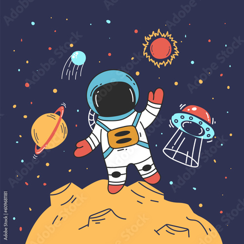 Astronaut man on moon spaceman space planet concept. Vector design graphic illustration