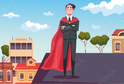 Super hero superhero office business employee standing on roof. Vector design graphic illustration
