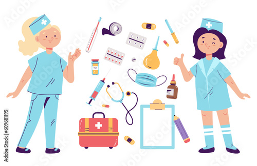 Doctor child kid children hospital isolated set. Vector design graphic illustration