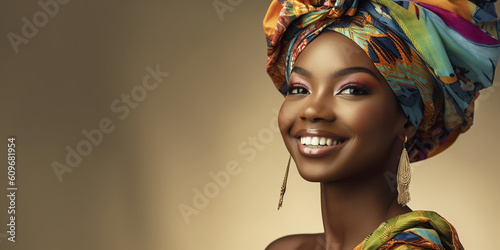 Afroamerikanische Frau mit attraktivem Gesicht und bunten großen Kopftuch lacht Nahaufnahme Querformat, ai generativ photo