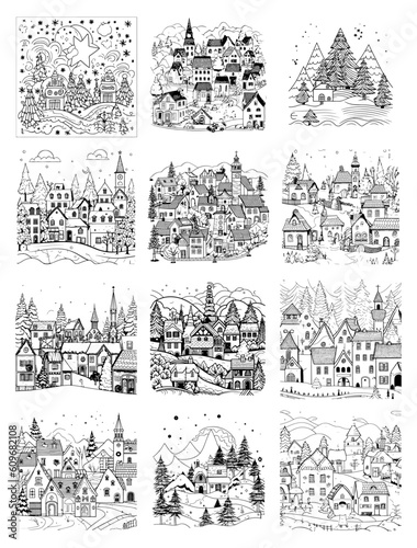 Christmas village. Colouring book illustration for your design
