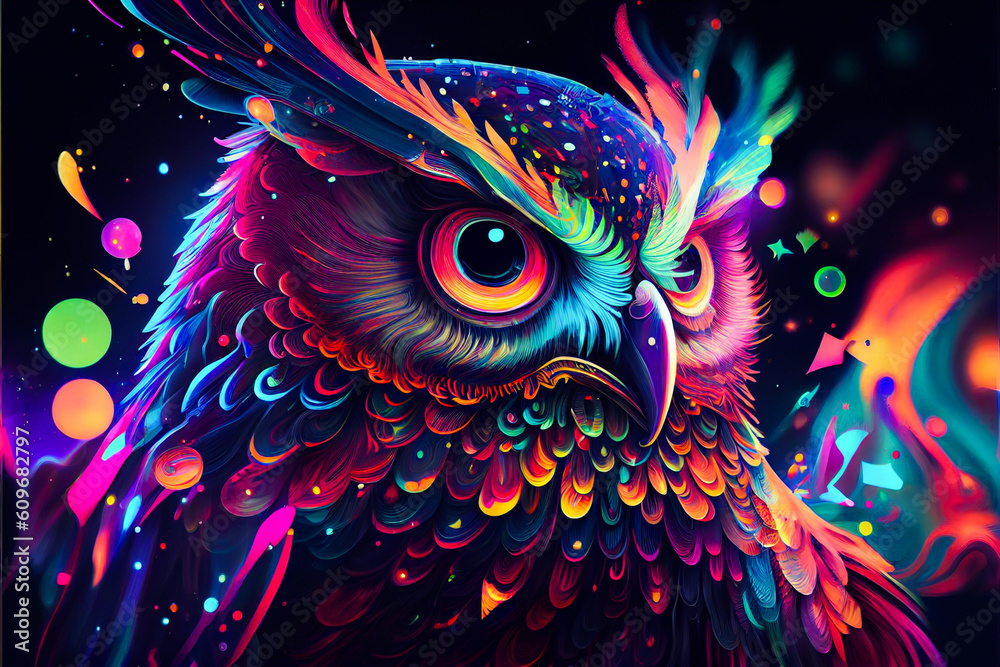 Vibrant color owl illustration. Generative ai.