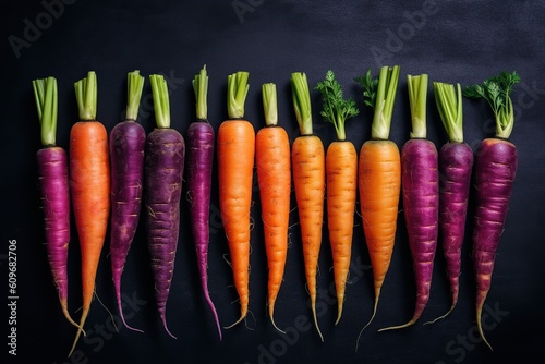 colorful carrots on dark background, top view. Generative AI