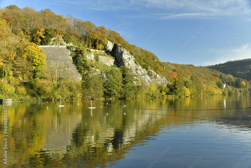 Pans de rochers couverts de végétation en automne se reflétant dans la Meuse à Profondeville Pans de rochers couverts de végétation en automne se reflétant dans la Meuse à Profondeville