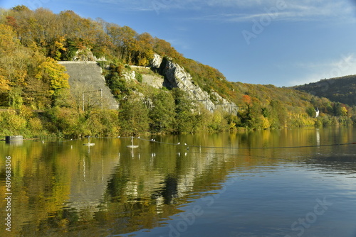 Pans de rochers couverts de végétation en automne se reflétant dans la Meuse à Profondeville 