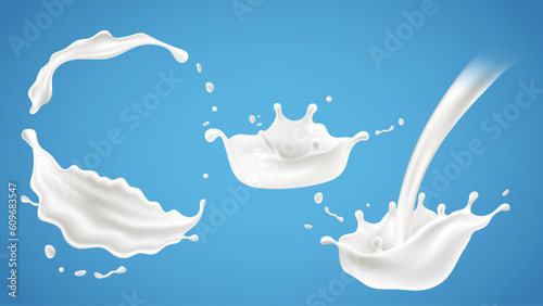 Set of liquid Milk splash and pouring, yogurt or cream, realistic vector illustration.