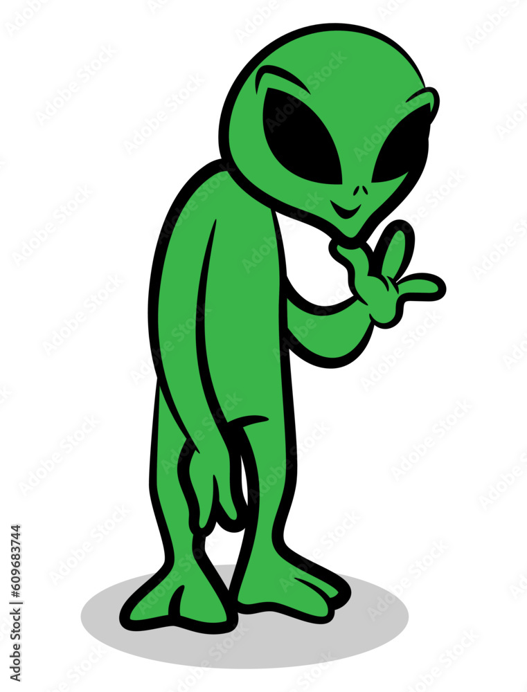 Obraz premium Funny Alien cartoon characters smile and greeting. We come with peace. Best for sticker, logo, and mascot with science-fiction themes for kids