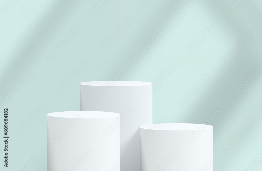 Abstract white realistic 3d cylinder pedestal podium with blue backdrop and shadow overlay. Abstract vector rendering geometric platform. Product display presentation. Minimal scene. Abstract white realistic 3d cylinder pedestal podium with blue backdrop and shadow overlay. Abstract vector rendering geometric platform. Product display presentation. Minimal scene.