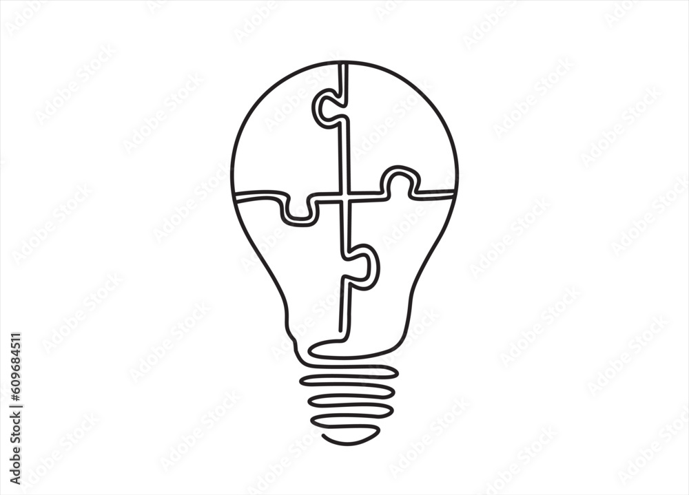 Continuous one line drawing of light bulb and grup of puzzle. inside. Puzzle game symbol and iconic business metaphor for problem solving, solution and strategy. Illustration with quote template. Continuous one line drawing of light bulb and grup of puzzle. inside. Puzzle game symbol and iconic business metaphor for problem solving, solution and strategy. Illustration with quote template.