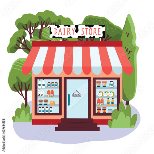 Showcase of a dairy store in color. Shelves with packages of various shapes and sizes. Two windows, a door, a canopy and a sign. Background with trees and bushes.Vector flat illustration on a white.