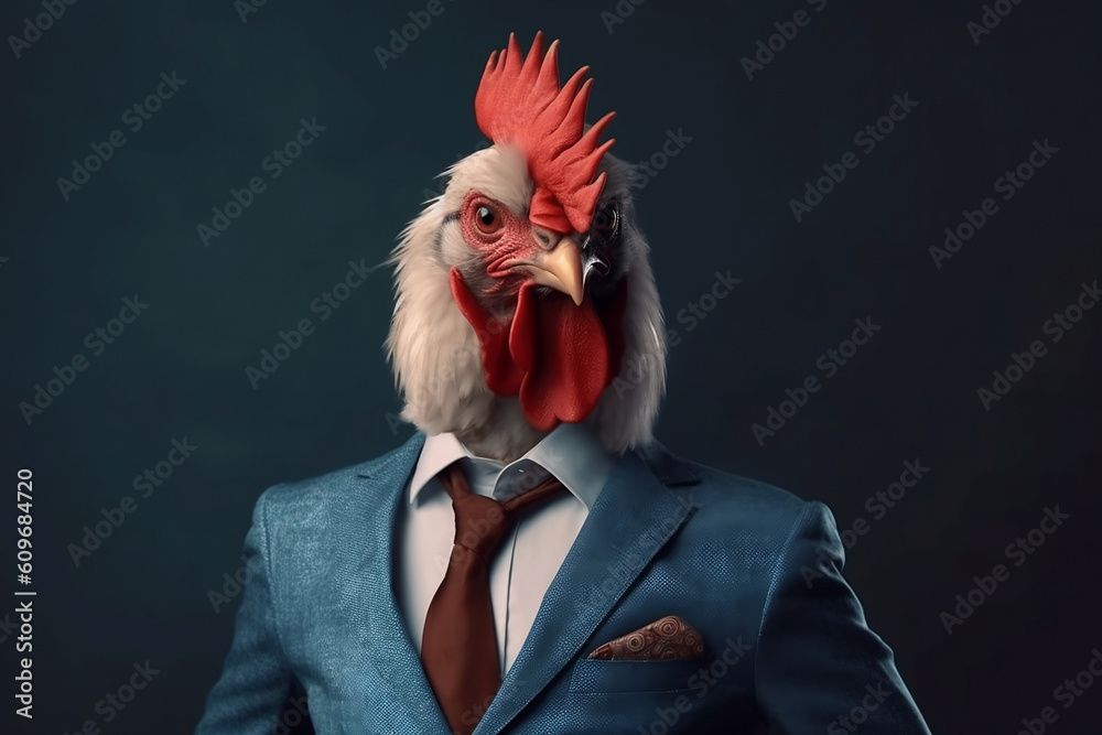Portrait of a Rooster dressed in a formal business suit, Boss Rooster, created with generative AI
