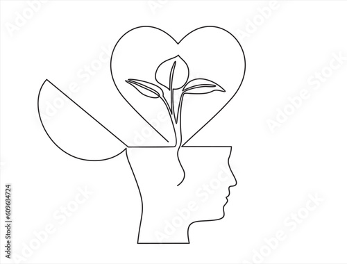 One continuous single line of human head with heart shape flower inside. Mental health concept vector illustration. Psychological therapy and treatment. World mental health day.